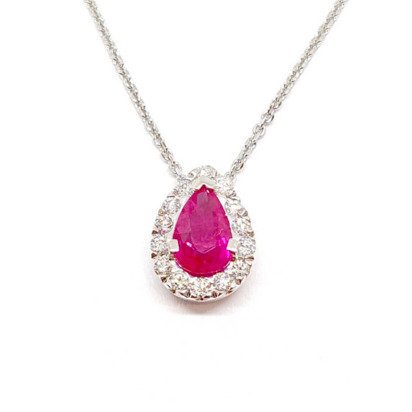 Collier poire rubis diamants or blanc 18 carats